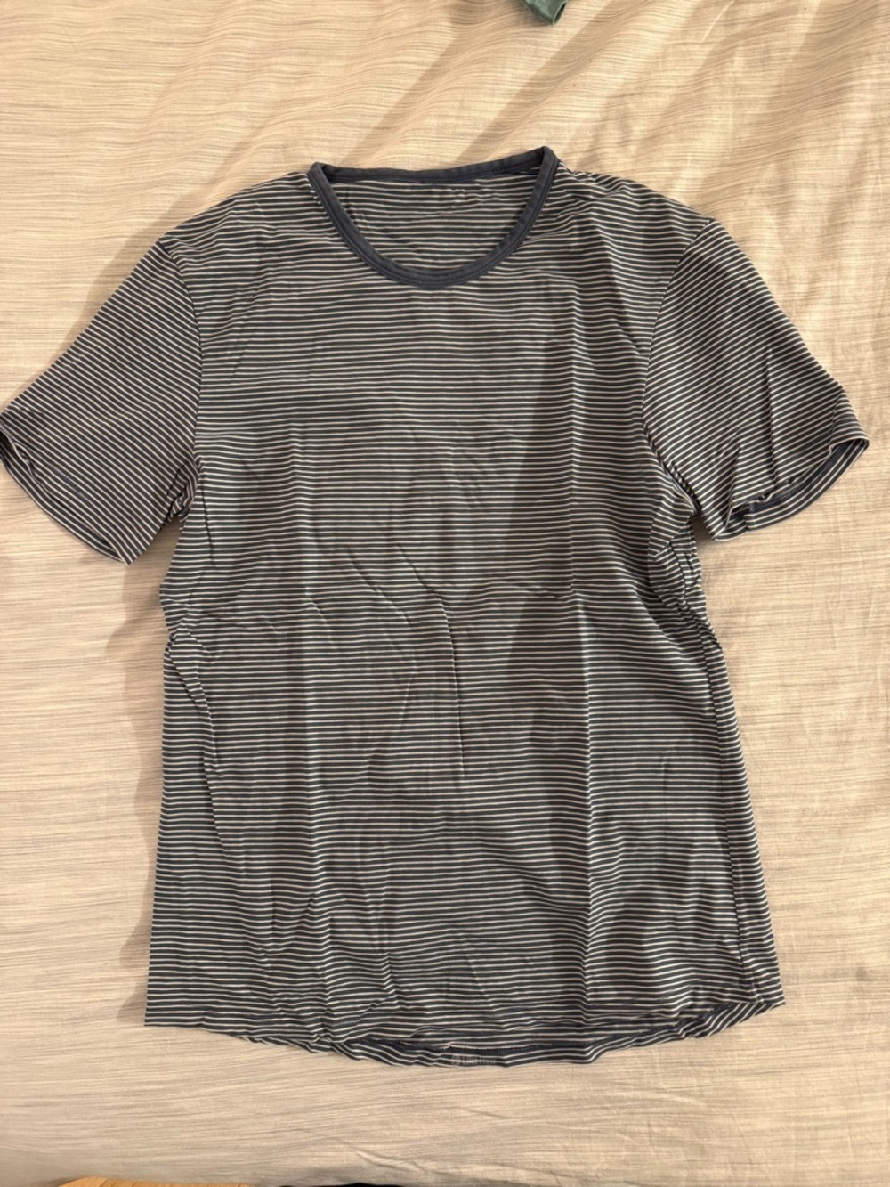 Lululemon Men's Navy and White Striped Crewneck T-Shirt